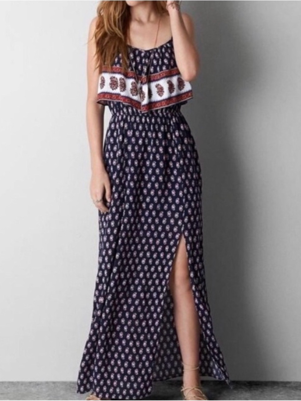 American Eagle Outfitters Navy Floral Maxi Dress with Cutout and Side Slit